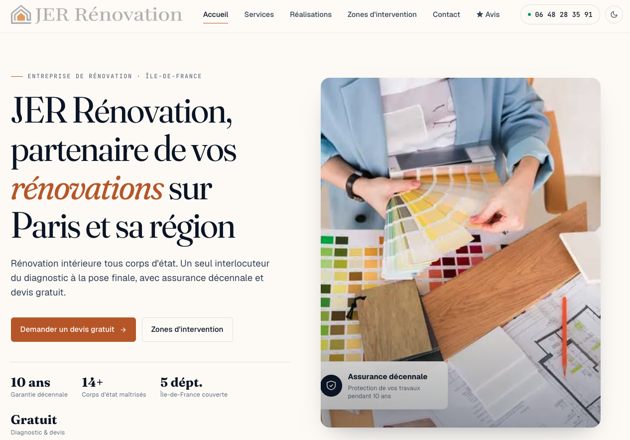 Site vitrine JER Rénovation — rénovation intérieure Paris et Île-de-France